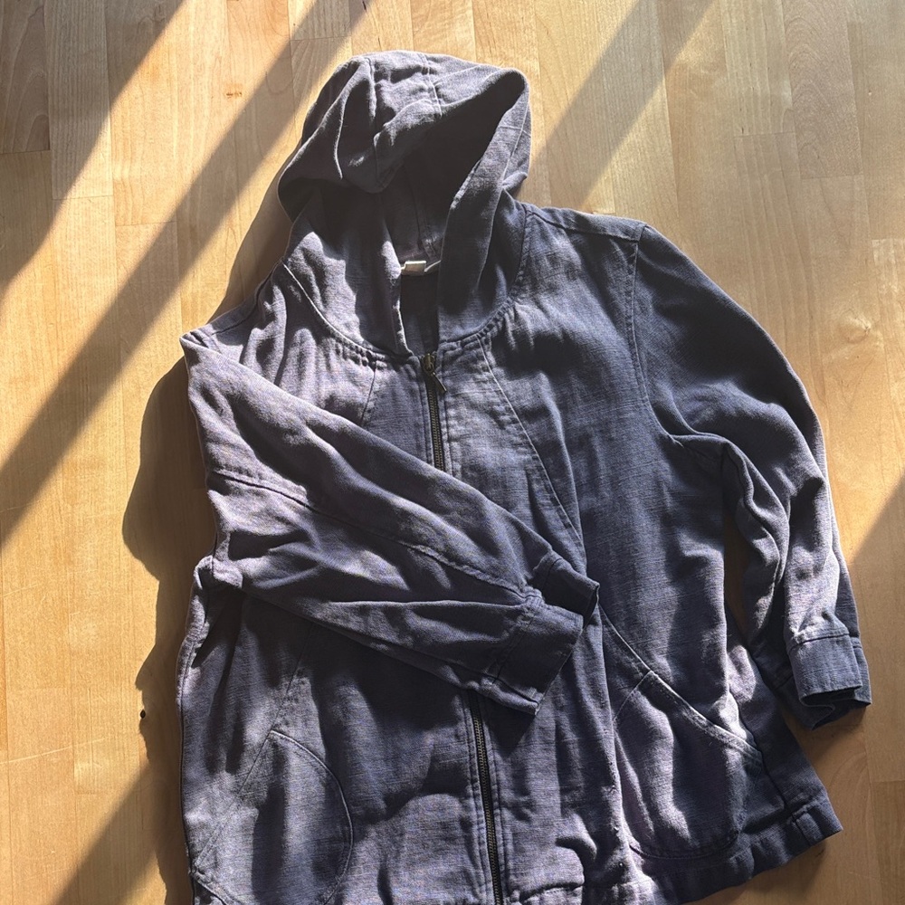 Cold Water Creek women’s Hooded linen cap sleeved Zip Jacket - soft muted violet